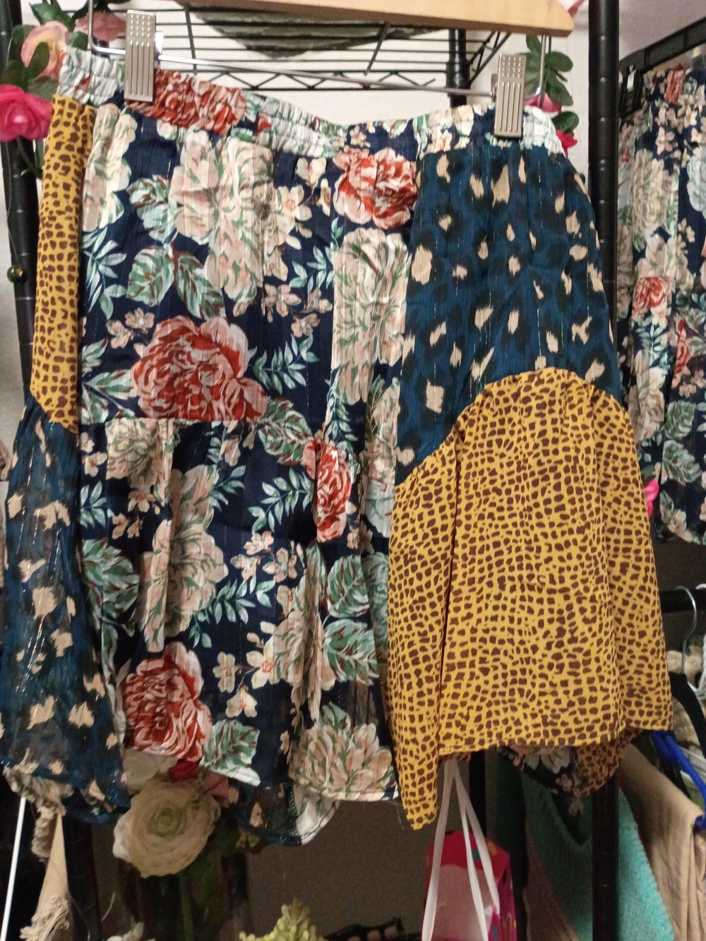 Umgee Mixed Floral & Leopard Patchwork Skirt - Navy, Mustard, Teal